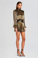 Metallic Fabric Pleated Stand Collar Mini Dress