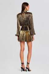 Metallic Fabric Pleated Stand Collar Mini Dress