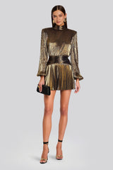Metallic Fabric Pleated Stand Collar Mini Dress