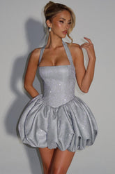 Woven Glitter Halter Neck Tie-Up Mini Dress