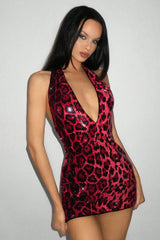 Sequin Leopard Print Halter Neck Mini Dress