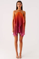 Chiffon Gradient Color Shell Decorations Halter Neck Mini Dress