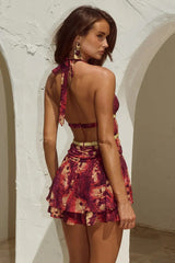Butterfly Print Rivet Halter Neck Mini Dress