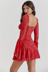 Lace Square Neck Tie Front Flare Sleeve Mini Dress