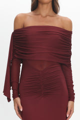Marlowe Off-Shoulder Sheer Waist Maxi Dress Wine