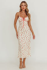 Heart Ablaze Strawberry Cherry Print Midi Dress Cream