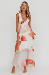 Veda Strappy Back Ruffle Maxi Dress Flowers Pink