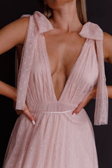 Kathryn Tied Shoulder Mesh Midi Dress Blush