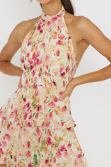 Provence Bloom Tiered Halterneck Dress Pink