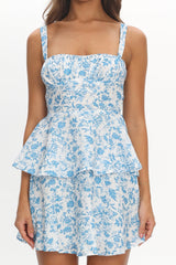 Provence Bloom Tiered Ruffle Mini Dress Blue