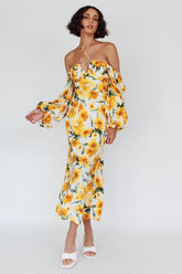 Nyree Long Sleeve Midi Dress Flowers Yellow