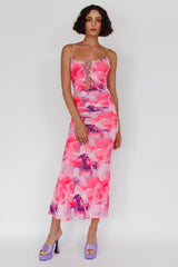 Gypsy Garden Laced Bodice Ruched Midi Dress Pink