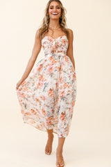 Los Feliz Tied Bust Halterneck Midi Dress Floral Print Pink