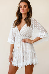 Dream On Flared Sleeve Lace Trim Polka Dot Mesh Dress White