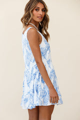 Heather Round Neck Swing Dress Leaf Print Blue