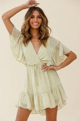 Esme V-Neckline Drawstring Waist Dress Sprinkle Print Lime
