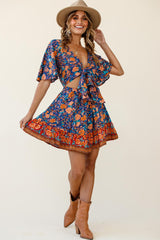 Suva Tie-Knot Bust A-Line Dress Floral Print Navy