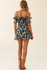 Maranda Bardot Lace-Up Bust Dress Banksia Print Navy