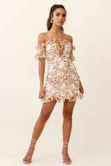 Maranda Bardot Lace-Up Bust Dress Banksia Print Dress Nude