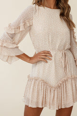 Yours Sincerely Three-Quarter Sleeve Accordion Pleat Dress Spot Print Nude