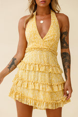 Venezuela Ruffle Trim Tie-Back Halterneck Dress Floral Print Yellow/White