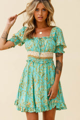 Summer In Paris Puff Sleeve Open Back Dress Botanical Print Mint