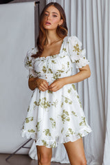 Summer In Paris Puff Sleeve Open Back Dress Floral Olive