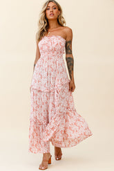 Take Me Away Strapless Maxi Dress Floral Print Blush
