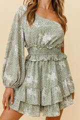 Nerissa One Sleeve Shirred Waist Dress Floral Print Sage