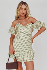 Homecoming Queen Sweetheart Neckline Puff Sleeve Dress Polka Dot Green
