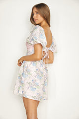 Lovers Lane Lace Trim Puff Sleeve Dress Floral Pink