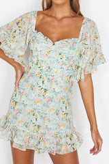 Elorah Frill Trim Mini Dress Floral Green