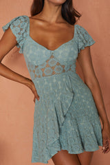 Secret Crush Flutter Sleeve Floral Lace Ruffle Hem Dress Mint