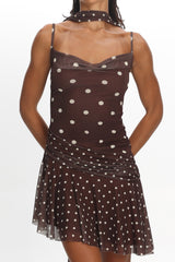 Anaisa Asymmetric Hem Mini Dress Polka Dot Chocolate