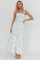 El Corazon Smocked Neckline Maxi Dress Print Blue