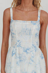 El Corazon Smocked Neckline Maxi Dress Print Blue