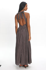 Clarette Basque Waist Open Back Maxi Dress Spotted Chocolate