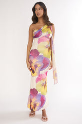 Tallis One-Shoulder Asymmetric Neckline Dress Beige