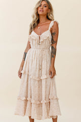 Priscilla Frill Detail Maxi Dress Floral Print Beige