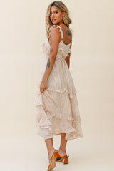 Priscilla Frill Detail Maxi Dress Floral Print Beige