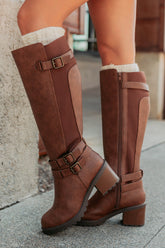 Iconic Shine Buckle Detailed Faux Leather Boots (Tan)