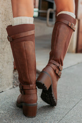 Iconic Shine Buckle Detailed Faux Leather Boots (Tan)