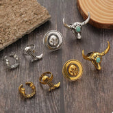4 Piece Vintage Western Style Bull Head Rings