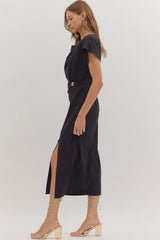 Odessa Draped-Neck Side-Ring Midi Dress