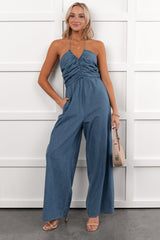 Been Done Before Halter Tie Wide Leg Jumpsuit (Denim)