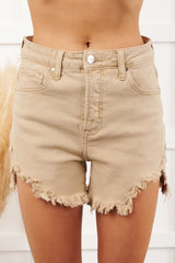 Fresh Take High Rise Distressed Risen Denim Shorts (Sand)