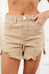 Fresh Take High Rise Distressed Risen Denim Shorts (Sand)