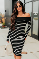 Only Us Off The Shoulder Striped Midi Dress (Black)