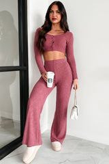 Ive Got My Eye On You Ribbed Long Sleeve Button Down Set (Soft Mulberry)