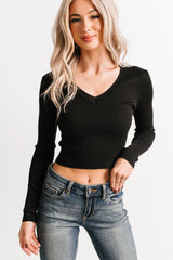 Born Sweet V Neck Ribbed Knit Top (Black)